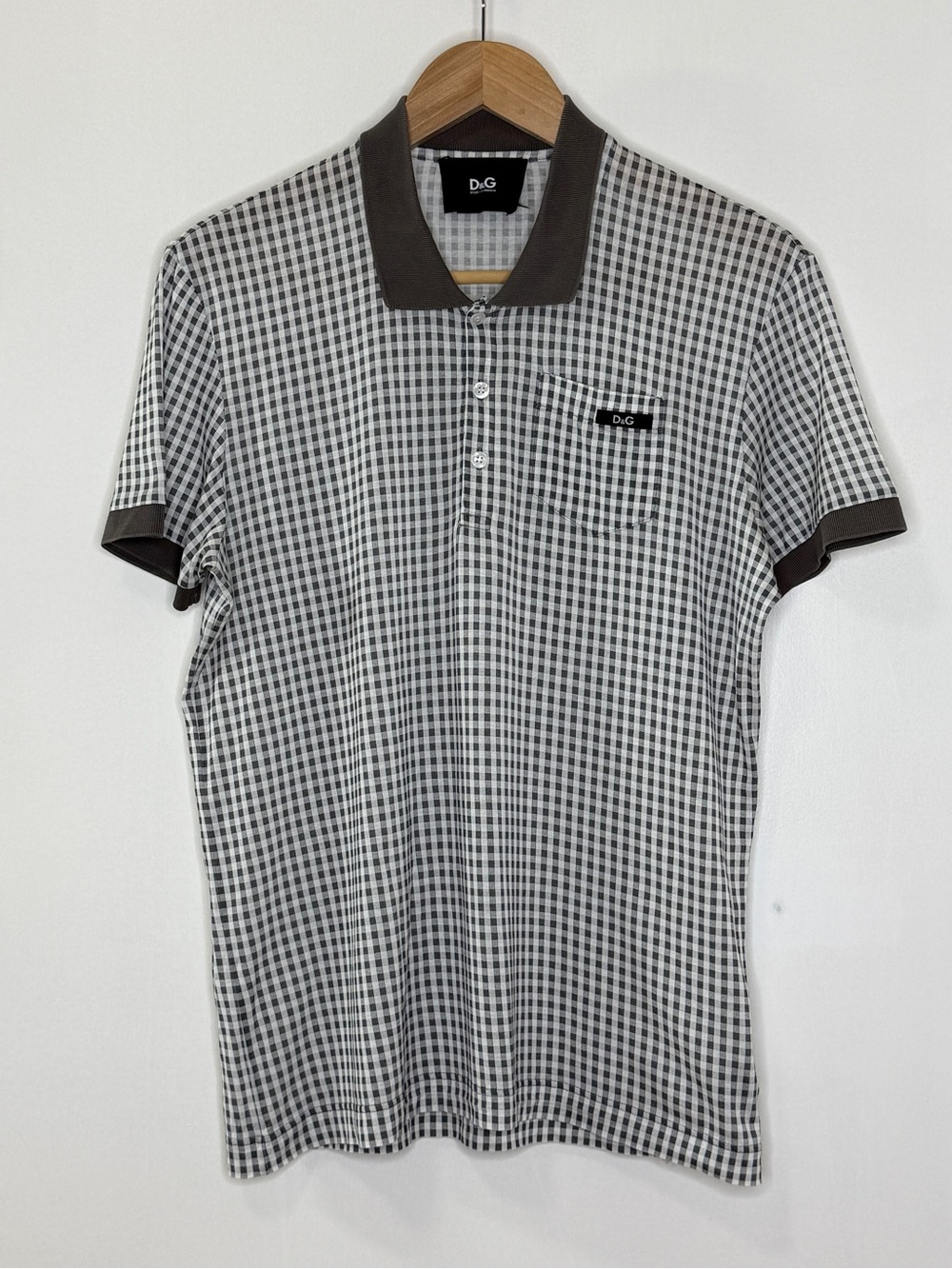 Dolce & Gabbana Gingham Checkered Polo Shirt Mens 50 Large Gray Black White